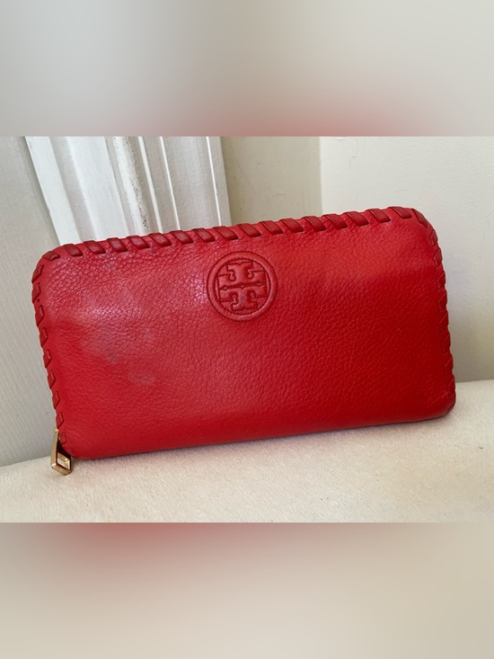 Tory Burch Handbags - Tory Burch Red Leather Zip-Around Wallet with Whipstitch Trim